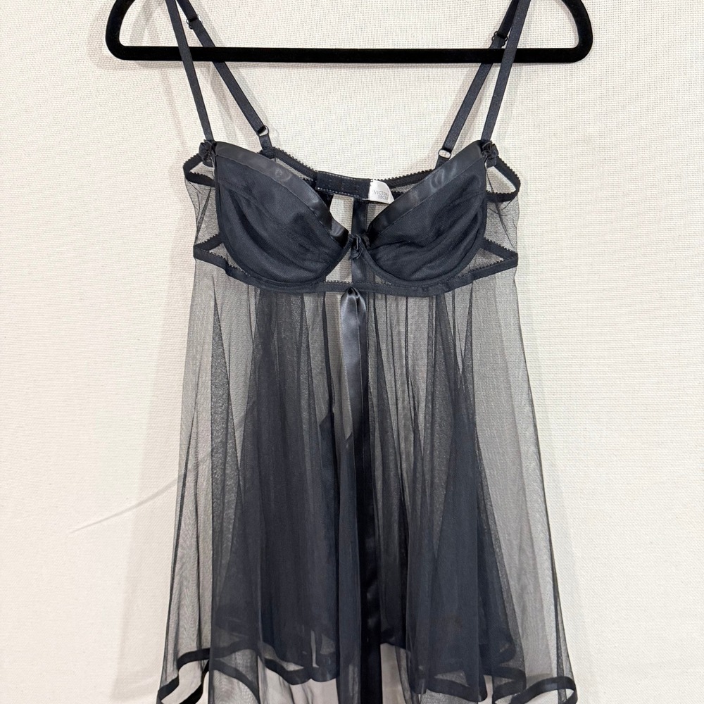 Victorias Secret Black Sheer Mesh Babydoll Lingerie Satin Trim Underwire 36B - Picture 2 of 5